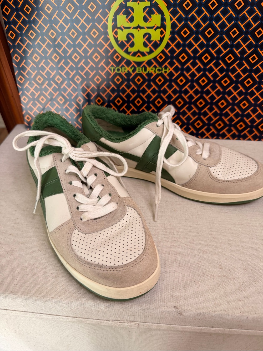 Tory Burch Women’s Low-Top Leather & Suede Sneakers — White & Green